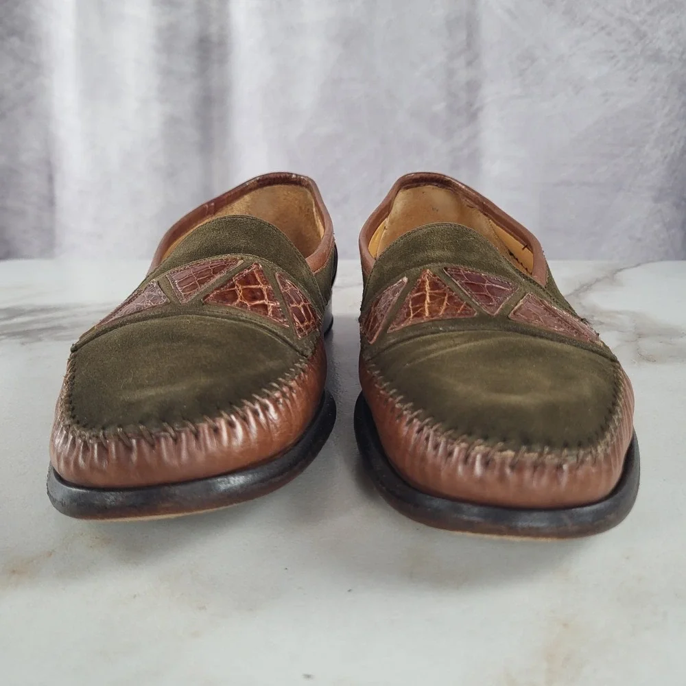 MEZLAN MORELLA Size 7 M Men's Suede Leather & Crocodile Loafers Olive